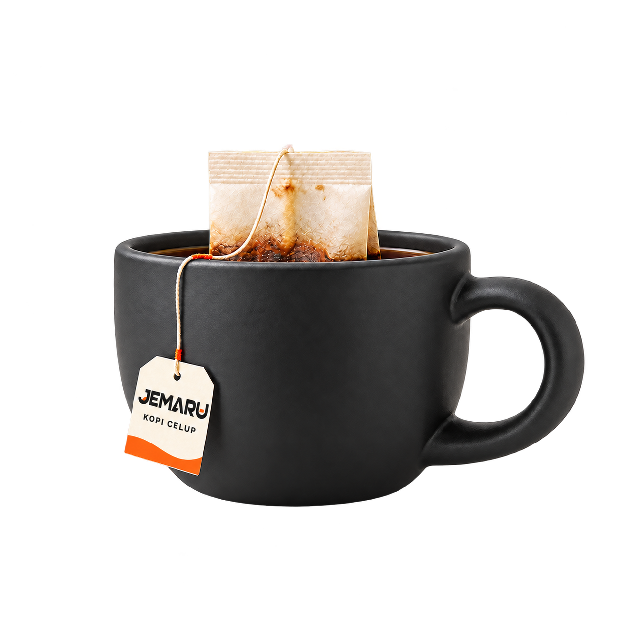 Black mug with a coffee dip bag and JEMARU tag